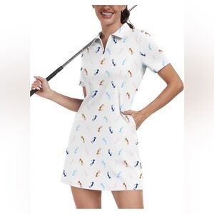 White Golf Polo Dress with Multicolor Player Print